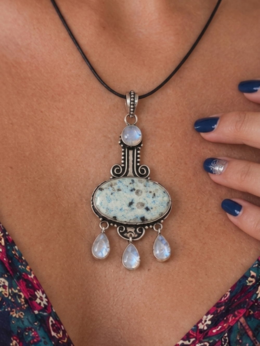 925 Sterling Silver Kiwi Jasper Moonstone Witchy Pendant Necklace Boho 19.5in